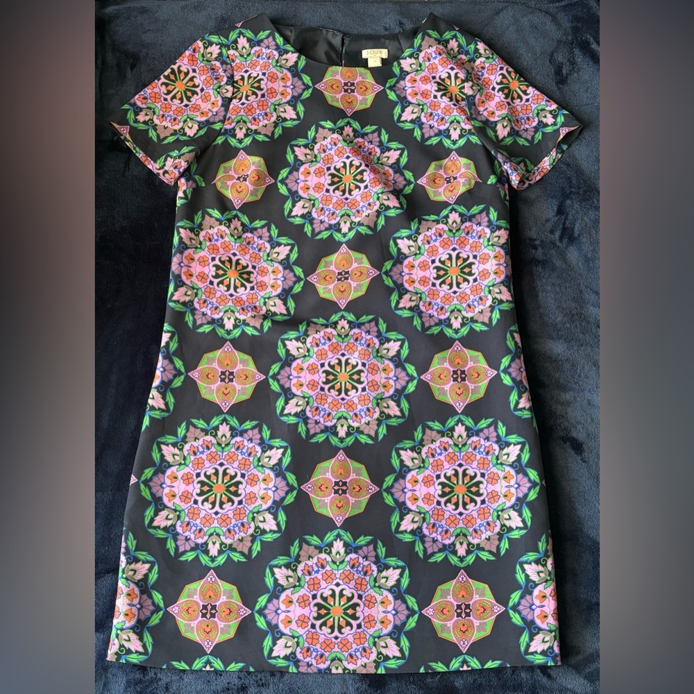 J.Crew Women’s Size 2 Colorful Patterned Black Short Sleeve Dress